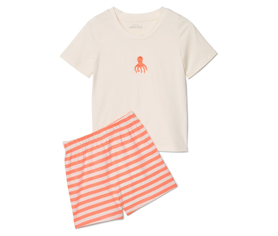 Ein weißes T-Shirt mit einem orangefarbenen Kraken und eine orange-weiß gestreifte kurze Hose liegen auf einem weißen Hintergrund.
