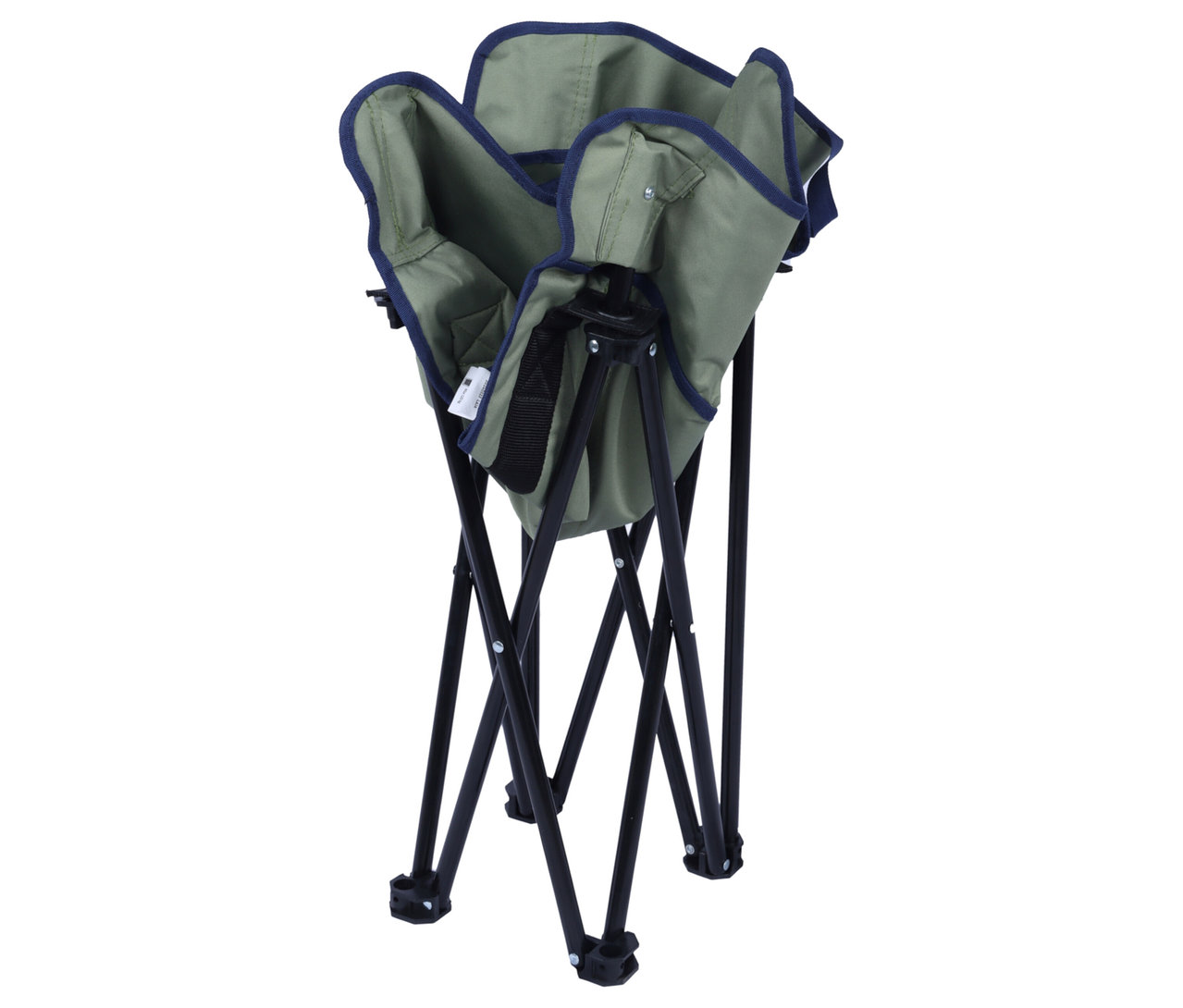 Zusammengeklappter, olivgrüner Tambu Campingstuhl »LAJA« mit blauem Rand und schwarzem Gestell.