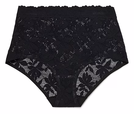 Schwarze, hochtaillierte Spitzenslips mit Blumenmuster liegen auf einem weißen Hintergrund.