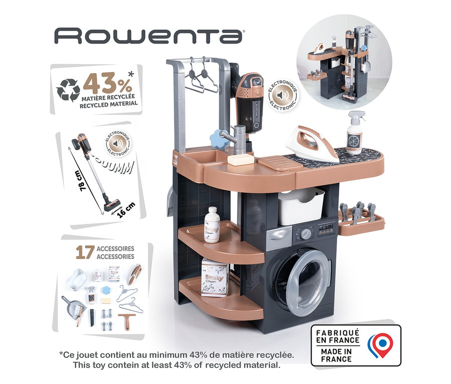 Smoby Waschküche Rowenta Spielzeug mit Waschmaschine, Bügeleisen, Staubsauger und Zubehör.