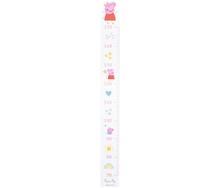 Peppa Pig-Wachstumsdiagramm mit Zahlen von 70 bis 150 cm und verschiedenen Peppa Pig-Figuren.