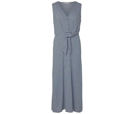 Gestreiftes, ärmelloses Maxikleid mit V-Ausschnitt und Knopfleiste sowie Bindegürtel.