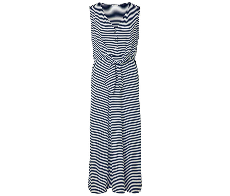 Gestreiftes, ärmelloses Maxikleid mit V-Ausschnitt und Knopfleiste sowie Bindegürtel.