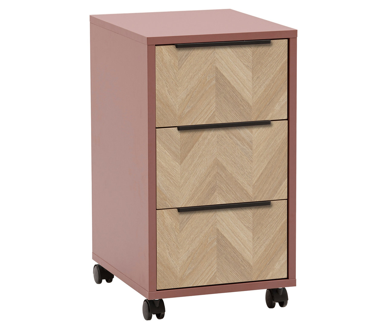 Rosa Rollcontainer mit drei Schubladen mit Fischgrätenmuster und schwarzen Griffen.