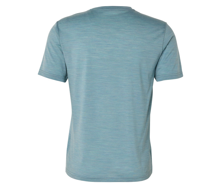 Rückansicht eines hellblauen T-Shirts mit kurzen Ärmeln.