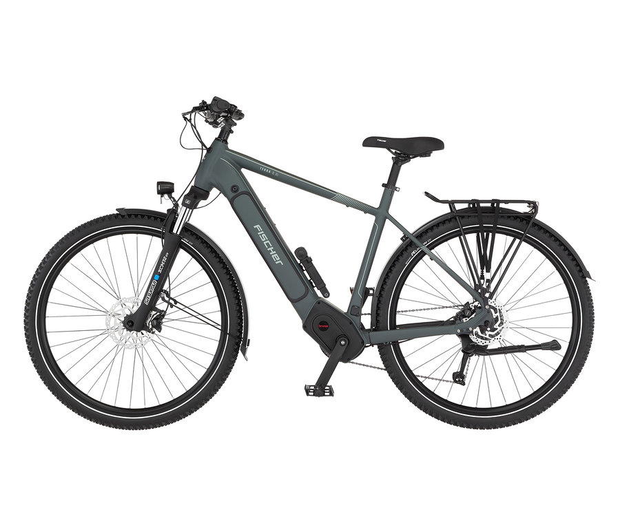 Graues FISCHER ATB E-Bike TERRA 6.8i ULTIMATE, 55 cm, mit Diamant Rahmen, Seitenansicht.