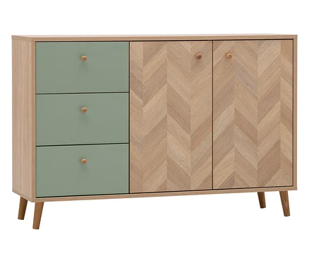 Ein Sideboard mit drei grünen Schubladen und zwei Türen mit Fischgrätenmuster.