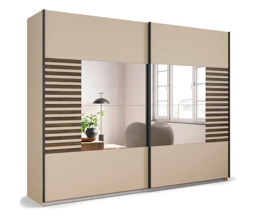 Der rauch Kleiderschrank »Barea« mit zwei Türen hat Spiegel und horizontale Holzstreifen in der Mitte.