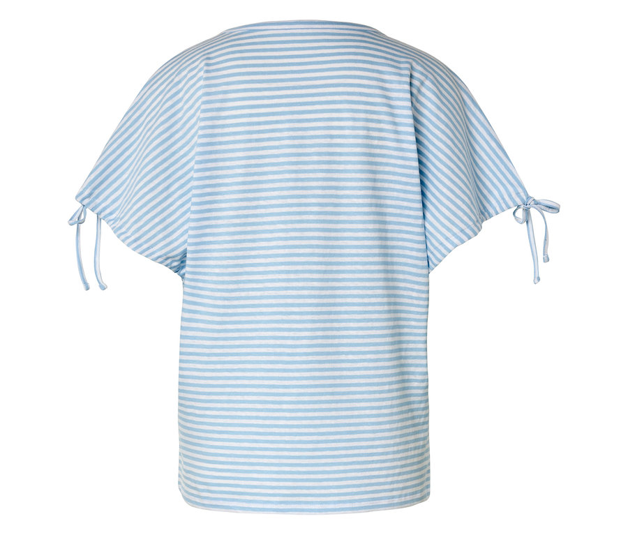 Rückansicht eines blau-weiß gestreiften T-Shirts mit kurzen Ärmeln und Bändern an den Ärmelenden.