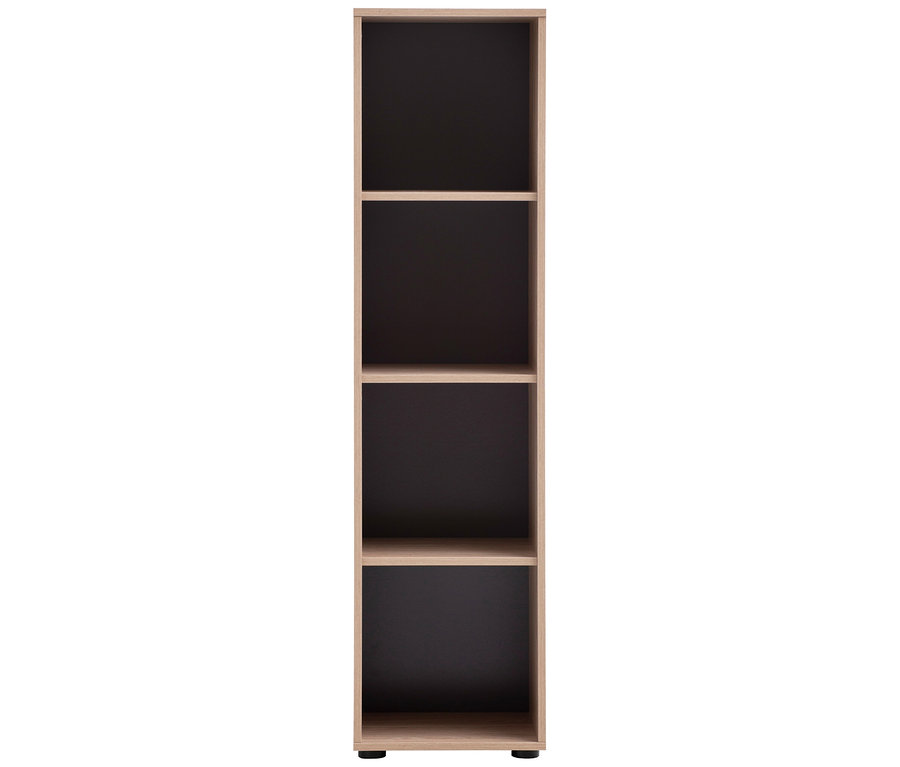 Ein schmaler, hoher Schrank mit vier Fächern, hellbraunen Holzrahmen und schwarzen Rückwänden steht vor einem weißen Hintergrund.