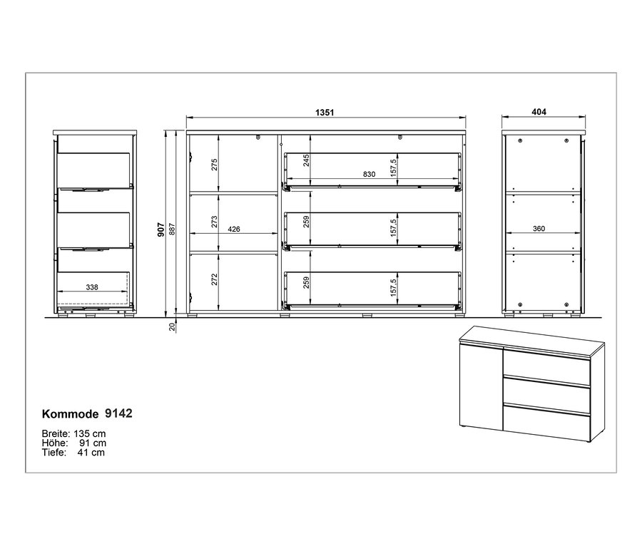 Technische Zeichnung der Kommode »Cormano«, groß, mit Breiten-, Höhen- und Tiefenangaben.