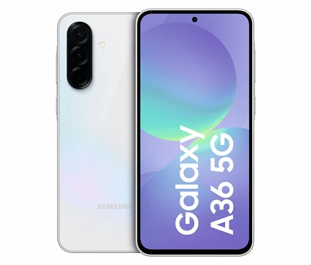 Weißes Samsung Galaxy A36 5G mit 128GB Speicher.