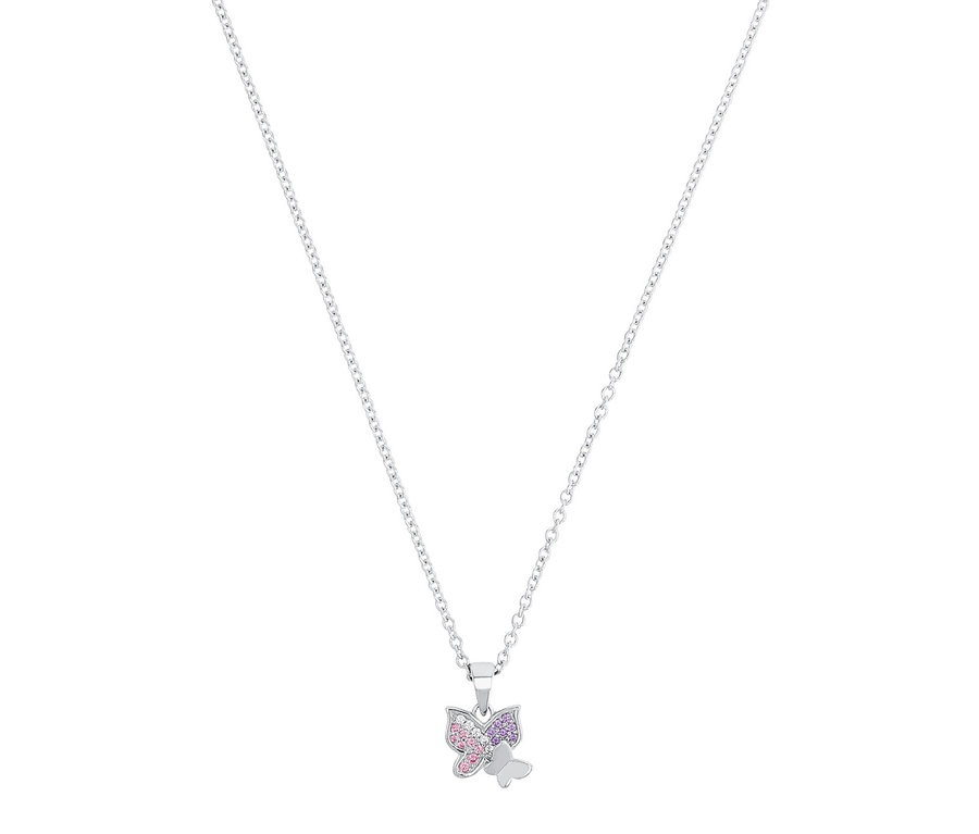 Nahaufnahme einer silbernen Halskette mit einem Schmetterlingsanhänger mit rosa und lila Akzenten.