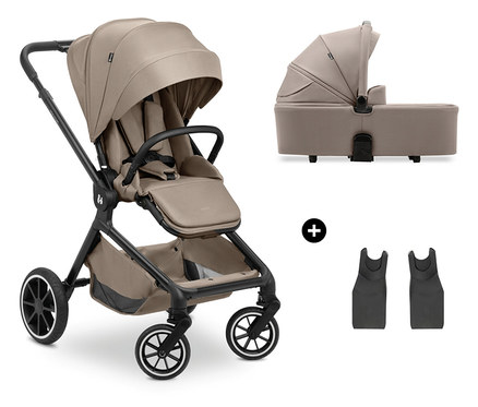 Beiger Kinderwagen mit Babywanne und Adaptern auf weißem Hintergrund.