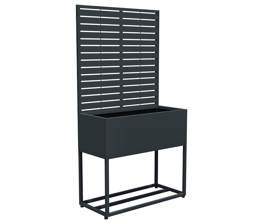 Ein grauer Pflanzkasten mit Spalier steht auf einem grauen Gestell.