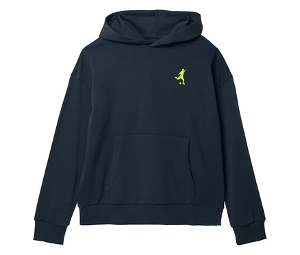 Dunkelblauer Hoodie mit gelbem Fußballspieler-Logo auf der Brust.