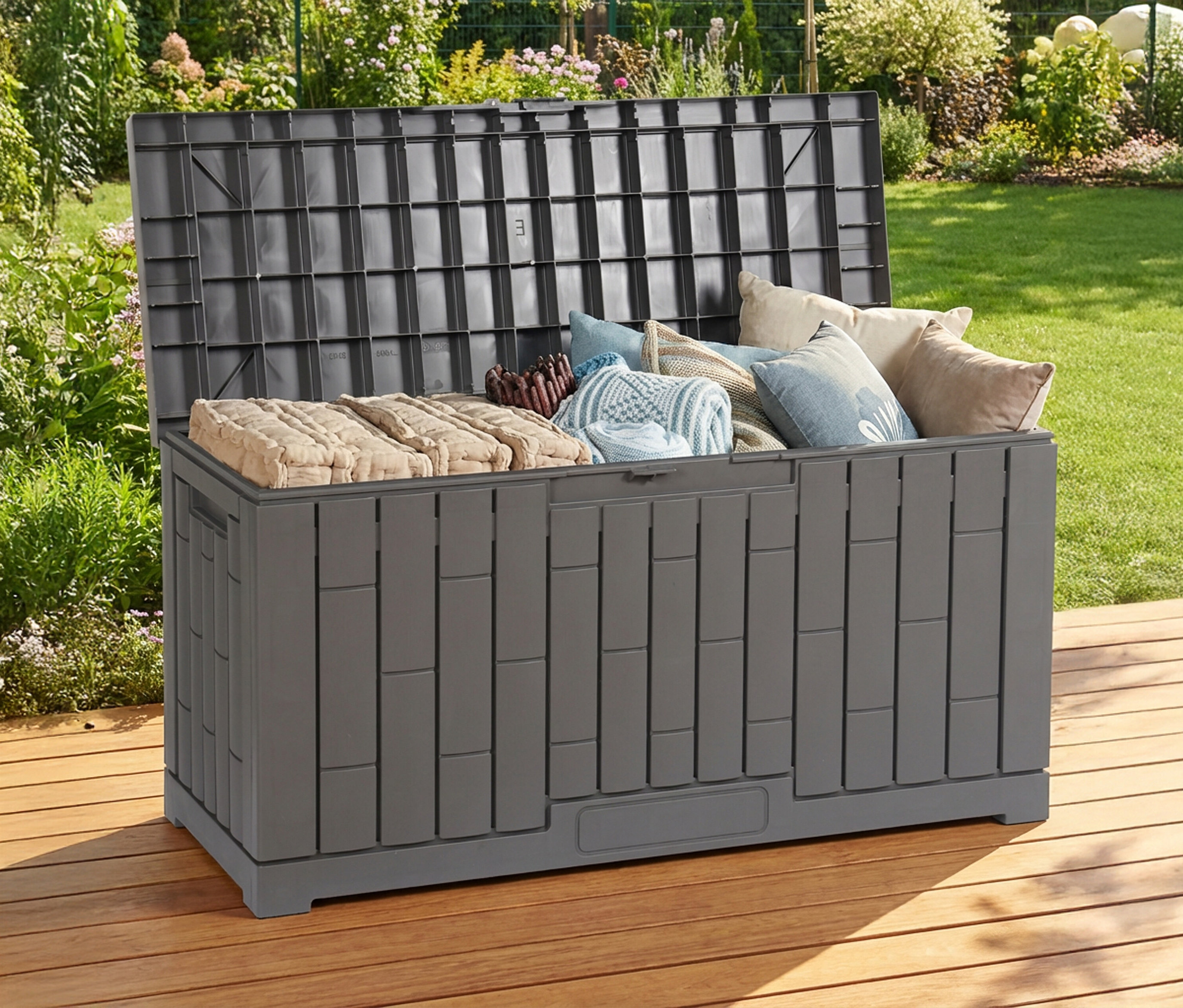 Eine geöffnete graue Kunststoff-Kissenbox (225 l) steht im Garten, gefüllt mit Kissen und Decken.