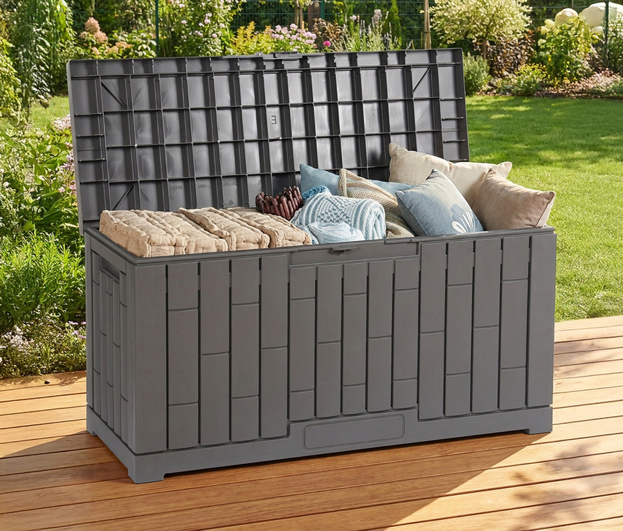 Eine geöffnete graue Kunststoff-Kissenbox (225 l) steht im Garten, gefüllt mit Kissen und Decken.