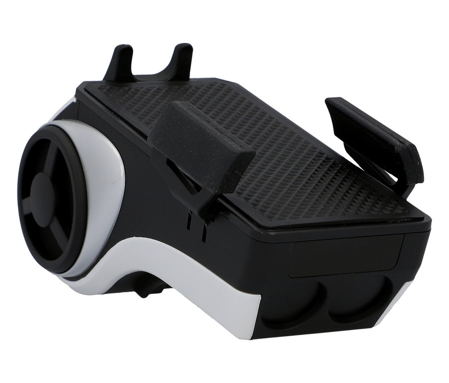 Nahaufnahme der FISCHER Fahrrad-Multimedia-Smartphone-Box mit silbernen Akzenten auf weißem Hintergrund.