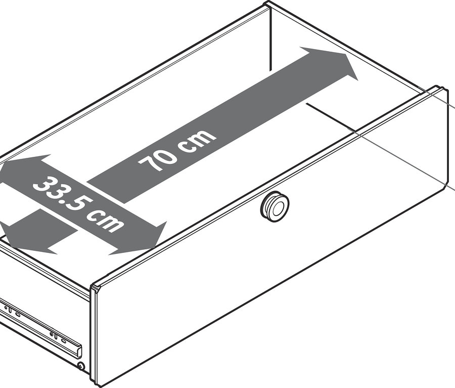 Draufsicht auf eine Schublade mit den Maßen 70 cm Länge, 33,5 cm Breite und 13,5 cm Höhe.