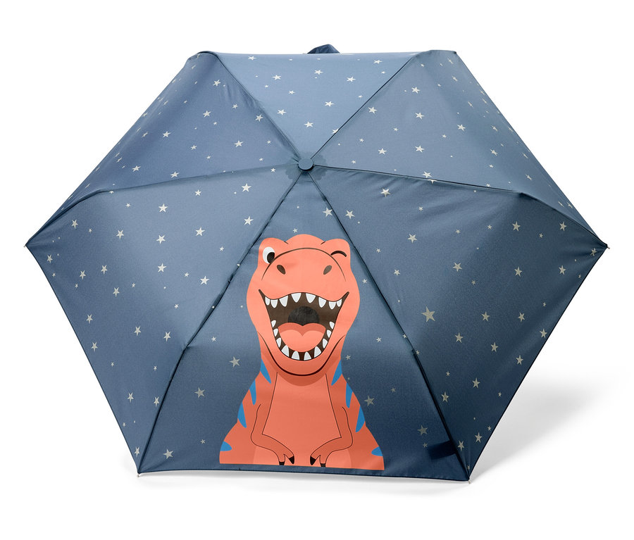 Blauer Regenschirm mit weißen Sternen und einem orangefarbenen Dinosaurier mit blauen Streifen.