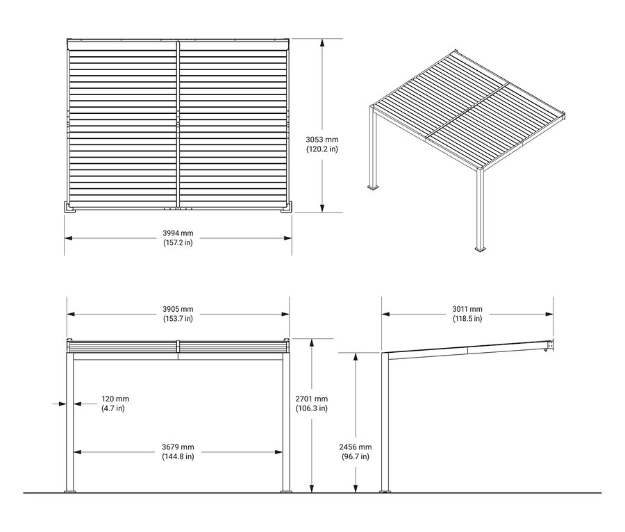 Technische Zeichnung eines Pavillons mit Maßangaben in Millimetern und Zoll.