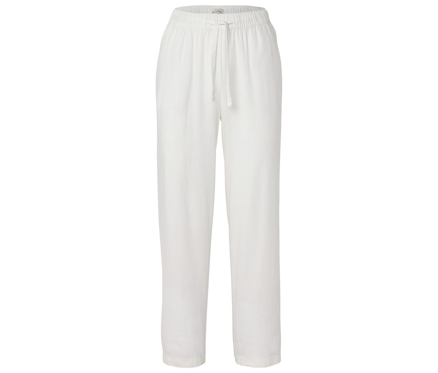 Weiße Hose mit Kordelzug auf weißem Hintergrund.