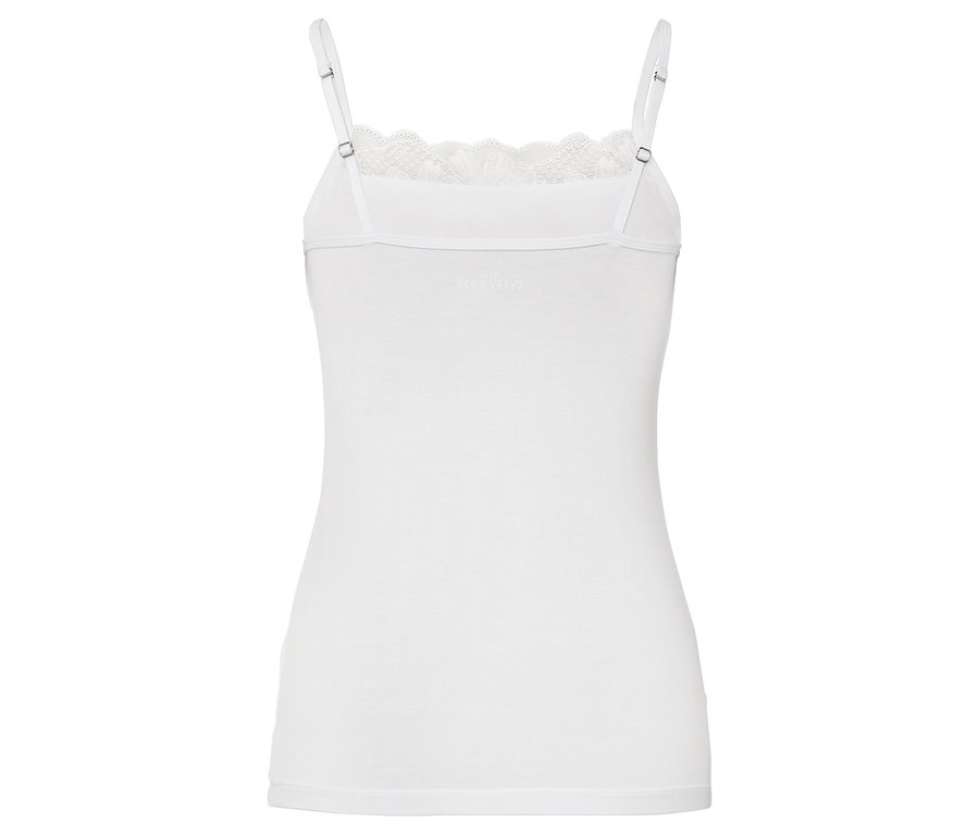 Rückansicht eines weißen Tanktops mit Spaghettiträgern und Spitze am Ausschnitt.