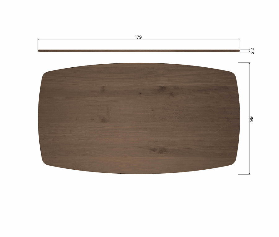 Dunkelbraune Holz-Tischplatte mit abgerundeten Ecken und Holzmaserung. Maße: 179x99x2,2.