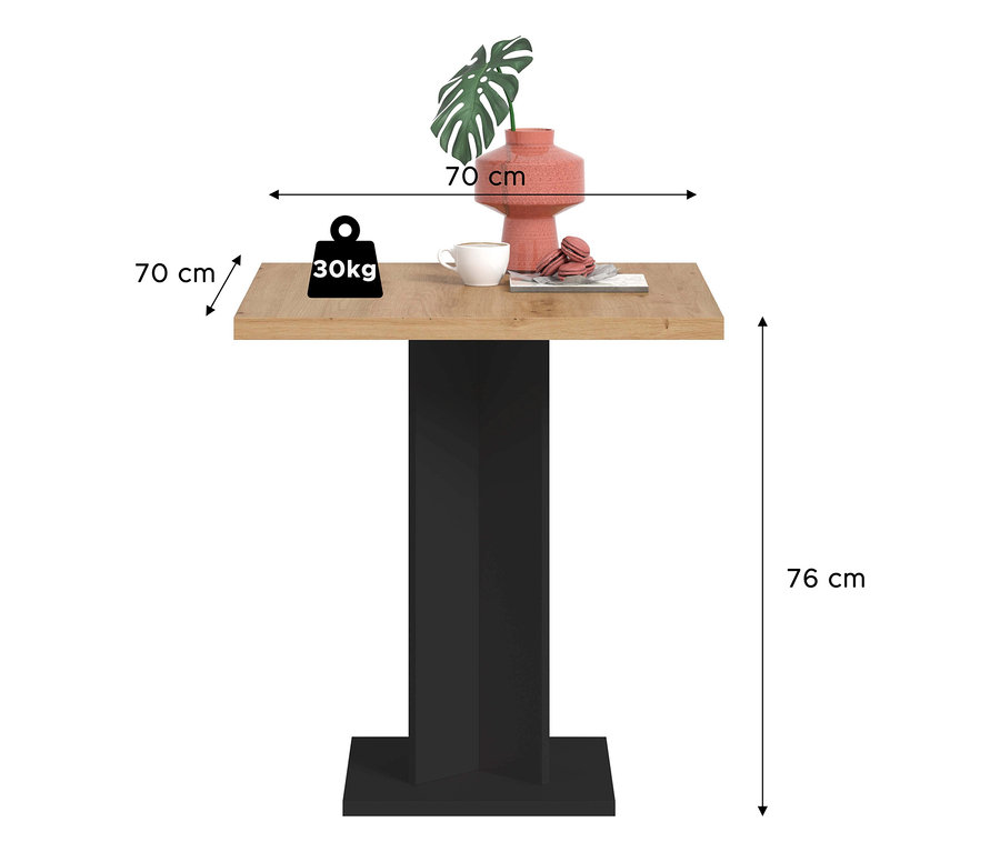 Ein kleiner quadratischer xonox Esstisch »Victor« mit heller Holzplatte und schwarzem Säulenfuß. Auf dem Tisch stehen eine rosa Vase mit grünem Blatt, eine weiße Tasse und rosa Macarons auf einem weißen Teller. Die Tischplatte misst 70x70 cm, die Höhe beträgt 76 cm und die Tragfähigkeit 30 kg.