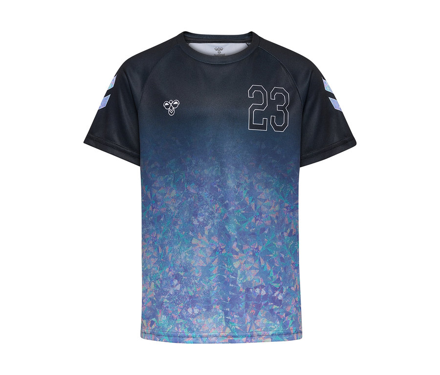Schwarzes hummel® HMLJR Shimmer T-Shirt S/S mit blau-lila geometrischem Muster am unteren Bereich, weißer '23' auf der Brust und hummel Logos.