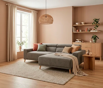Ein modernes Wohnzimmer mit einer grauen L-förmigen Couch, einem hellbeigen Teppich und hellen Holzmöbeln. Die Wände sind in einem warmen Pfirsichton gestrichen. Eine geflochtene Hängelampe hängt von der Decke, und ein Fenster mit hellen Vorhängen lässt Licht herein.