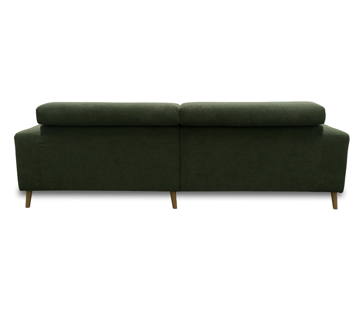 Dunkelgrünes DOMO Sofa Malmö mit Longchair rechts, Kopfteilverstellung und Holzfüßen, von hinten gesehen.