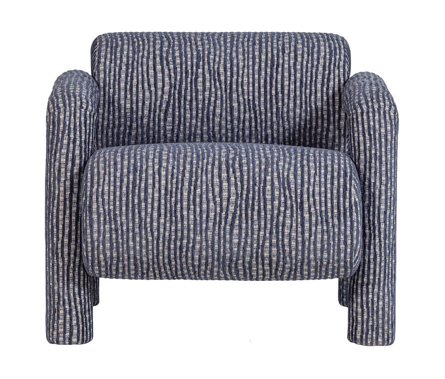 Blau-weiß gestreifter Sessel mit strukturiertem Stoff und abgerundetem, kastenförmigem Design.