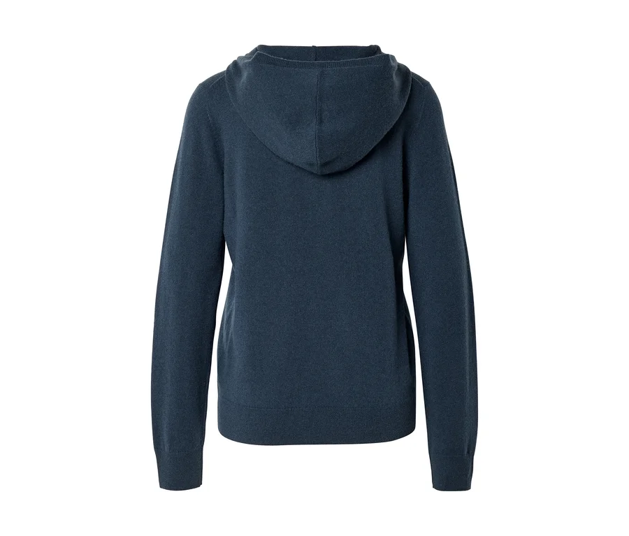 Dunkelblauer Hoodie, von hinten gesehen, mit Kapuze und langen Ärmeln.