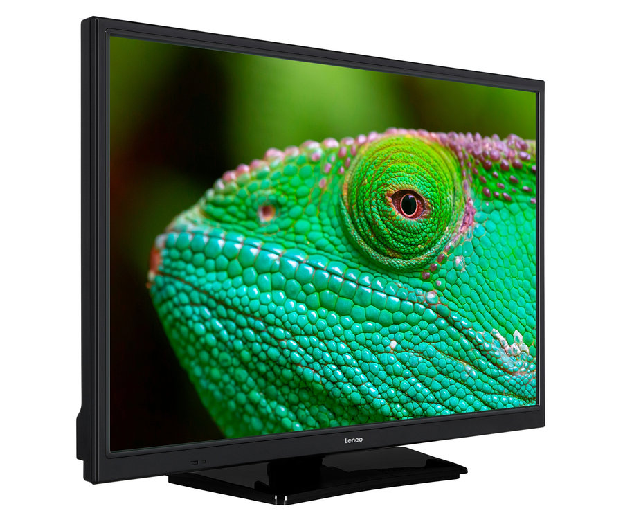 Nahaufnahme eines Lenco 24-Zoll-HD-LED-Fernsehers mit DVD-Player, der einen grünen Chamäleon aus der Nähe zeigt.