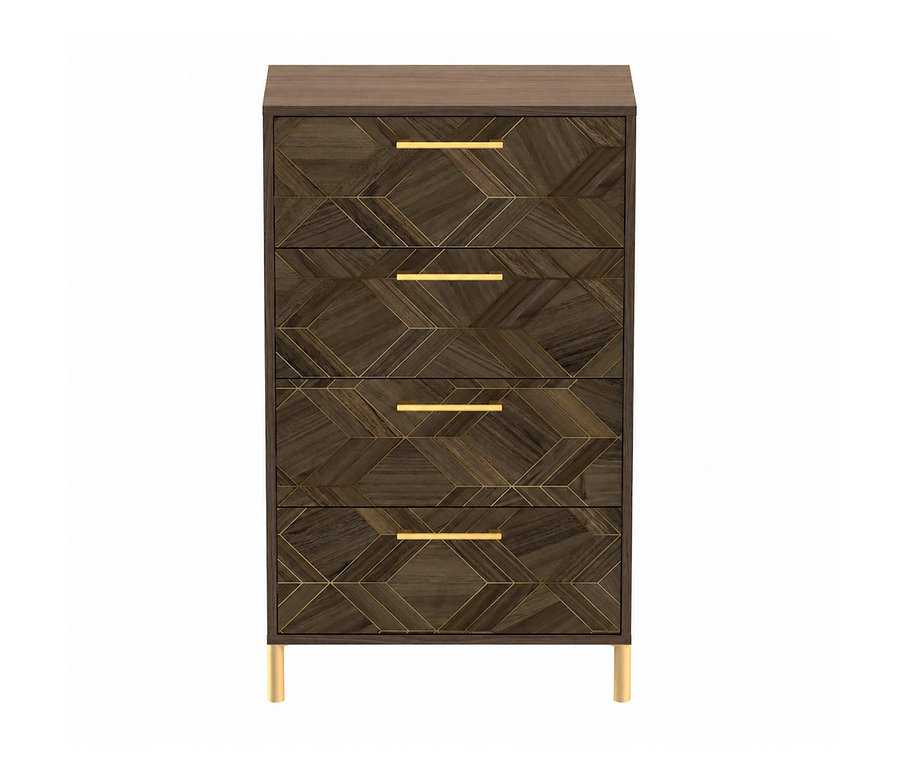 Dunkelbraune Kommode Glenn mit fünf Schubladen, goldenen Griffen und geometrischem Muster.