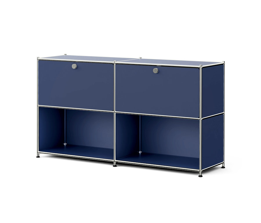 Dunkelblauer Modulschrank mit silbernem Rahmen, zwei oberen Fächern mit Türen und zwei offenen unteren Fächern, auf weißem Hintergrund.