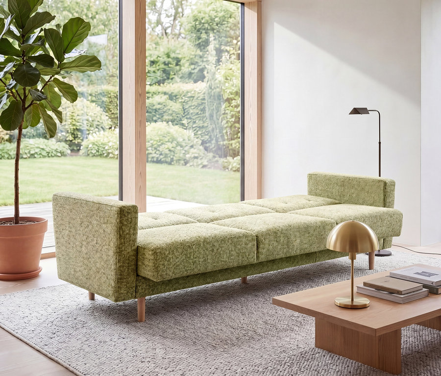 Hellgrünes 3-Sitzer Schlafsofa »Janny« in einem modernen Raum mit großem Fenster zum Garten, daneben ein Couchtisch mit goldener Lampe.