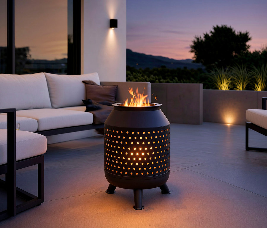 Eine Terrasse bei Dämmerung mit einer schwarzen, zylindrischen Feuerstelle, die perforierte Seiten hat und brennt. Ein weißes Outdoor-Sofa steht links, im Hintergrund sind Hügel zu sehen.