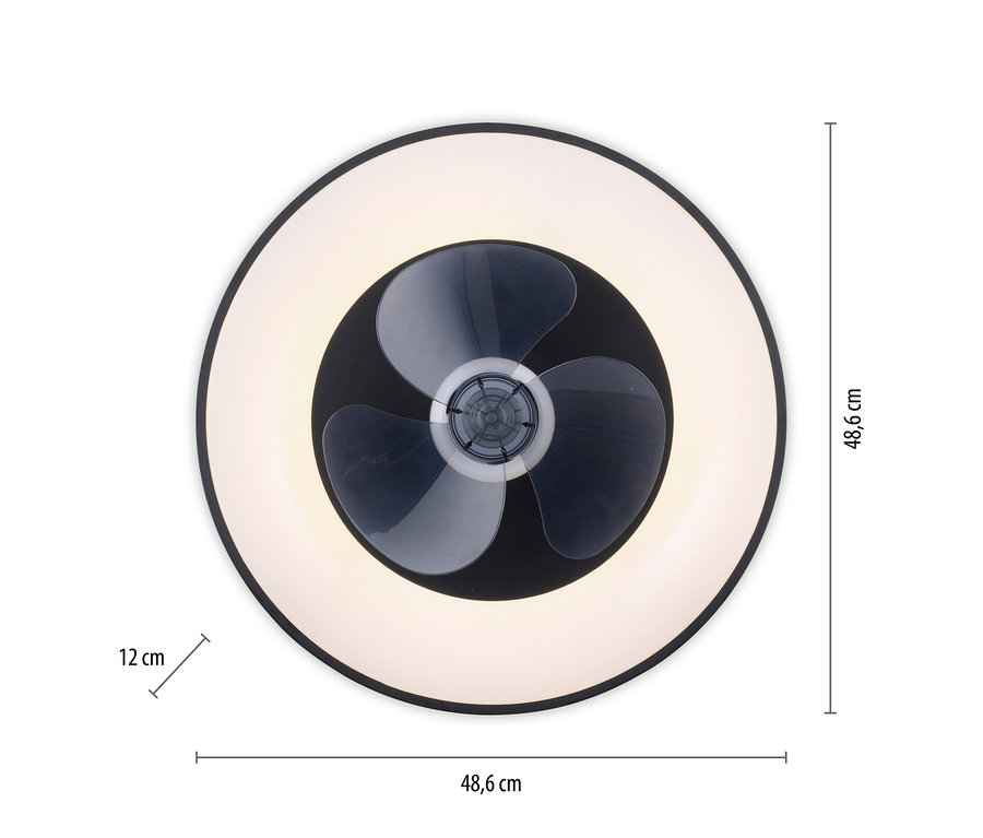 Runder Deckenventilator mit integrierter Beleuchtung, 48,6 cm Durchmesser und 12 cm Höhe. Der Ventilator hat drei dunkle Flügel und einen leuchtenden Ring.