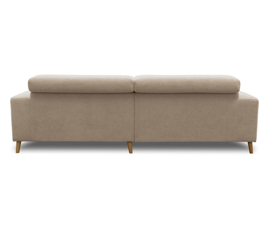Rückansicht eines beigen Sofas mit zwei Rückenkissen und hellen Holzbeinen.