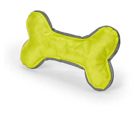 Knochenförmiges Hundespielzeug in Neongelb mit grauem Rand auf weißem Hintergrund.