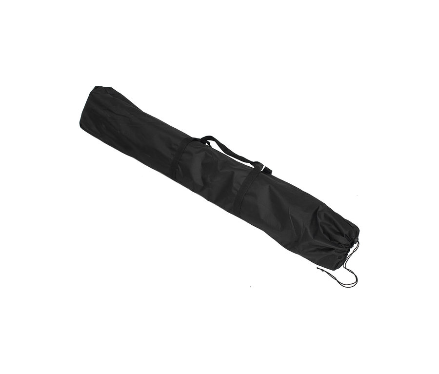 Schwarze zylindrische Tragetasche mit Kordelzug und Tragegurt für einen faltbaren Campingtisch.