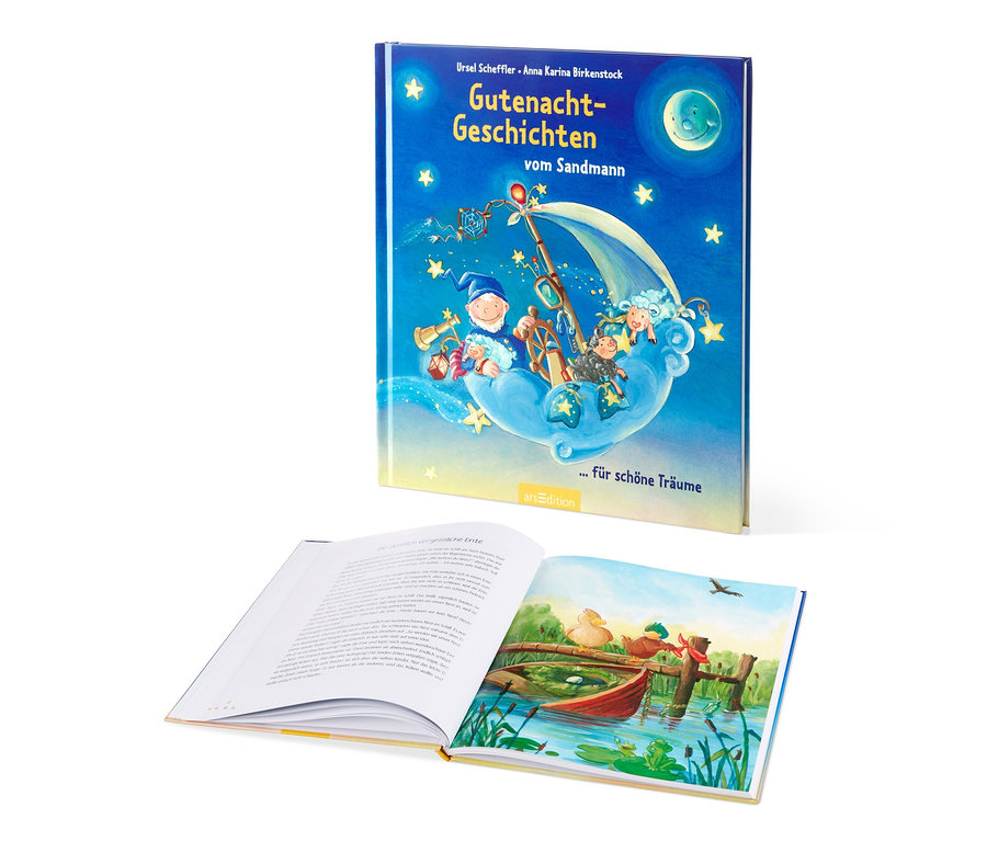 Buch »Gute-Nacht-Geschichten vom Sandmann« mit geöffneter Seite mit Illustration.