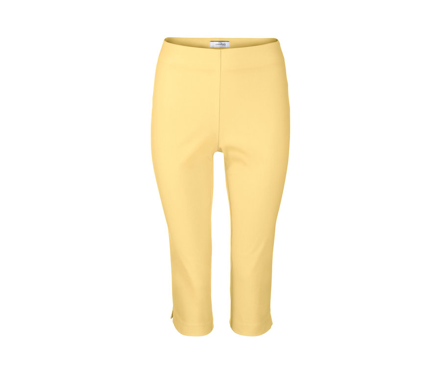 Eine gelbe 3/4-Stretchhose auf weißem Hintergrund.
