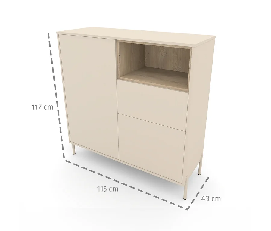 Das Highboard »Hygge« mit 2 Türen in Cashmere-Weiß hat eine Tür links, zwei Schubladen und ein offenes Holzfach rechts.