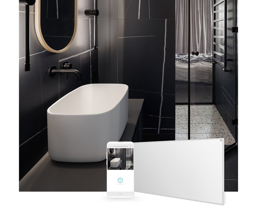 Modernes Badezimmer mit schwarzen Marmorfliesen, weißem rechteckigem Waschbecken und schwarzem Wasserhahn. Ein ovaler Spiegel hängt darüber. Eine Glastür führt zu einem Schlafzimmer. Im Vordergrund zeigt ein weißes Smartphone das Badezimmer, daneben ein weißes rechteckiges Paneel.