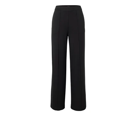 Schwarze, hochtaillierte Stoffhose mit geradem Bein und Bügelfalten.