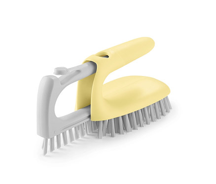 Gelbe 2-in-1-Fliesenbürste mit grauen Borsten.